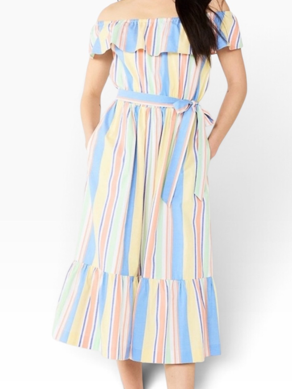 Draper James RSVP Off-Shoulder Ruffle Cotton Pastel Stripe Midi Dress  S